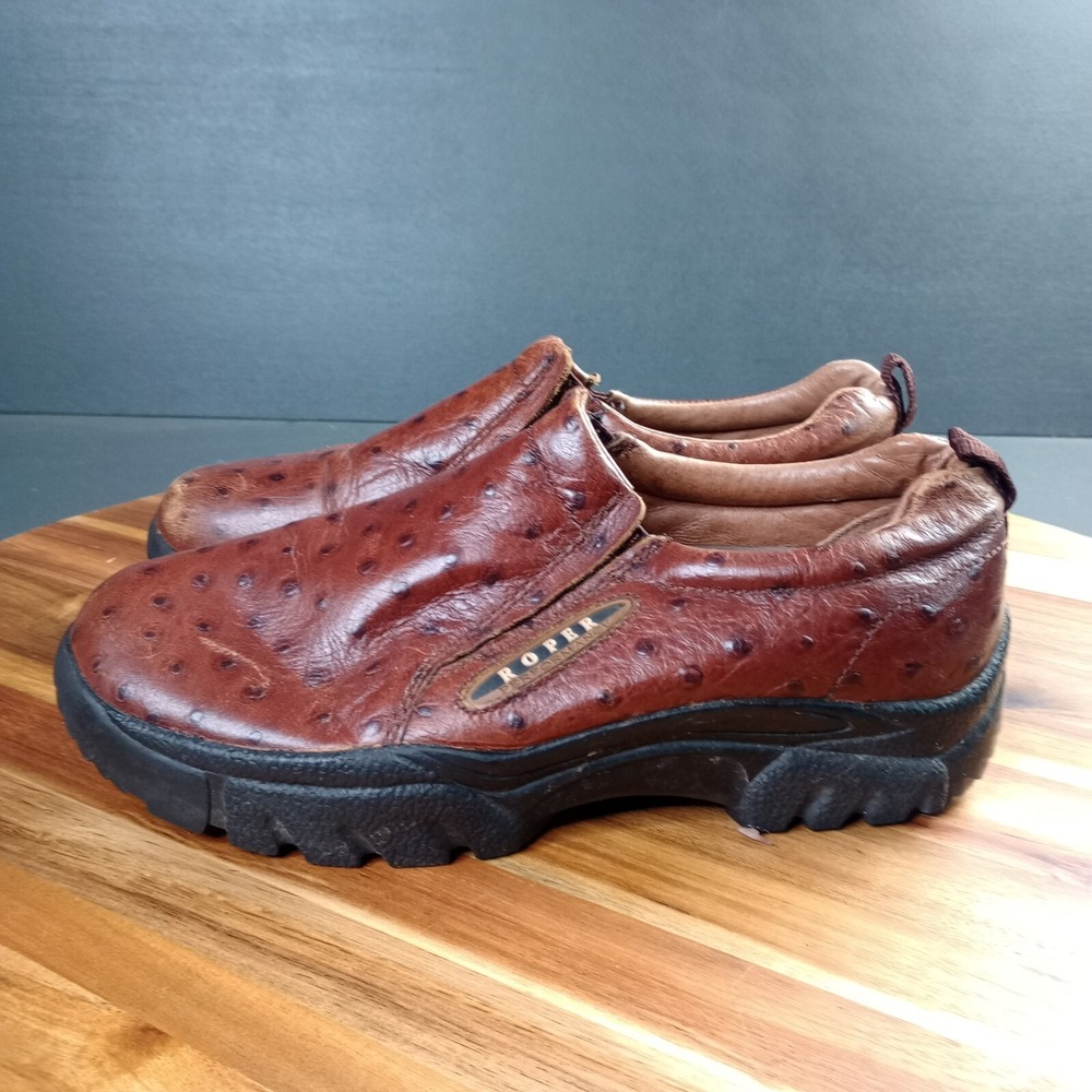Roper Performance Shoes Brown Embossed Ostrich Leather Slip On Comfort Size 8.5